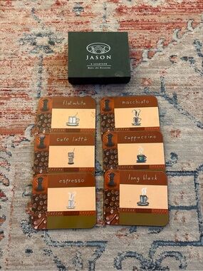 Vintage Jason New Zealand Cork Back Coasters Set of 6 Boxed Coffee Café Theme